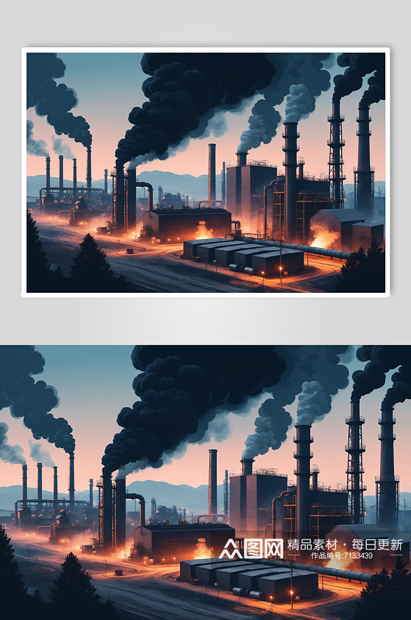 AI数字艺术企业工厂烟囱冒烟污染插画素材