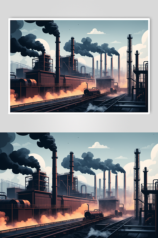 AI数字艺术企业工厂烟囱冒烟污染插画