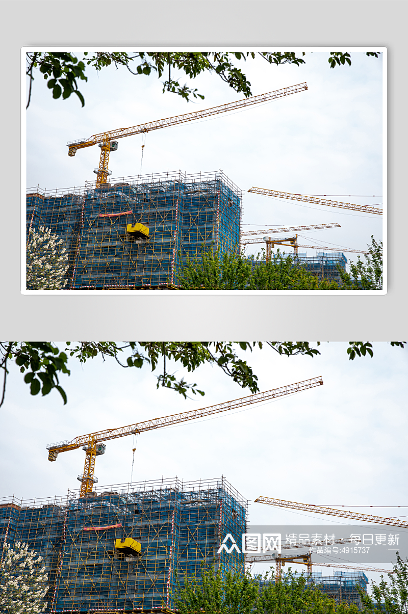 蓝天工地高架塔式起重机摄影图片素材