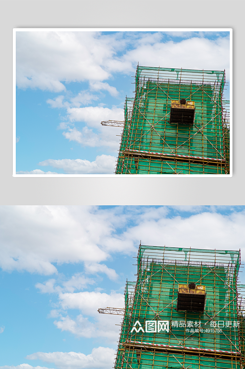蓝天工地高架吊机防尘网摄影图片素材