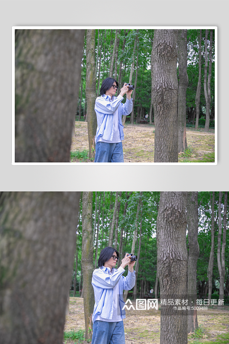 蓝色衬衫夏季徒步旅行男生人物摄影图片素材