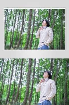 长袖针织衫秋季徒步旅行男生人物摄影图片