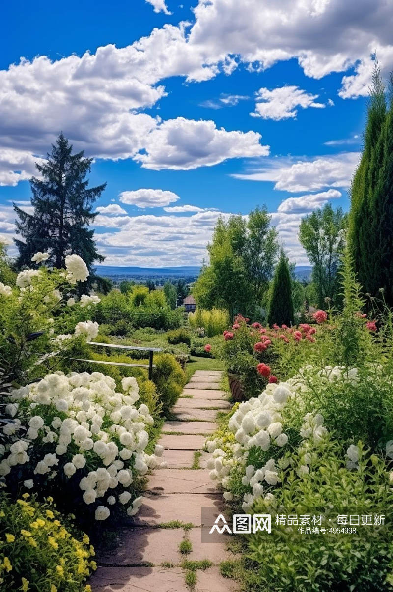 AI数字艺术蓝天花园花丛公园摄影图片素材