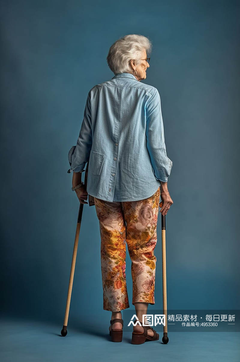 AI数字艺术老奶奶撑拐杖医疗仪器摄影图片素材