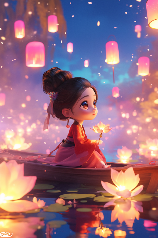 数字艺术中元节下元节祭祖七月半放河灯古风人物插画