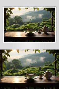 AI数字艺术古风茶具茶园高清摄影图