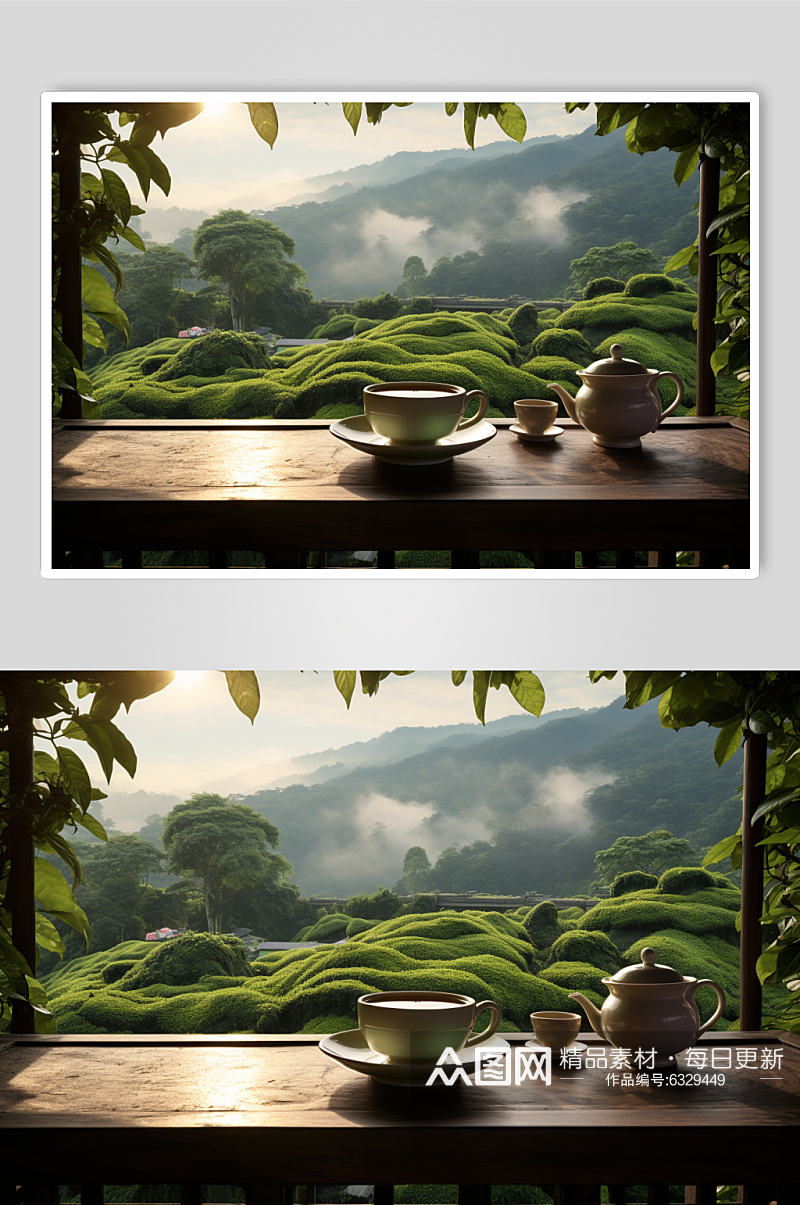 AI数字艺术古风茶具茶园高清摄影图素材
