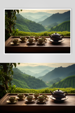 AI数字艺术古风茶具茶园高清摄影图