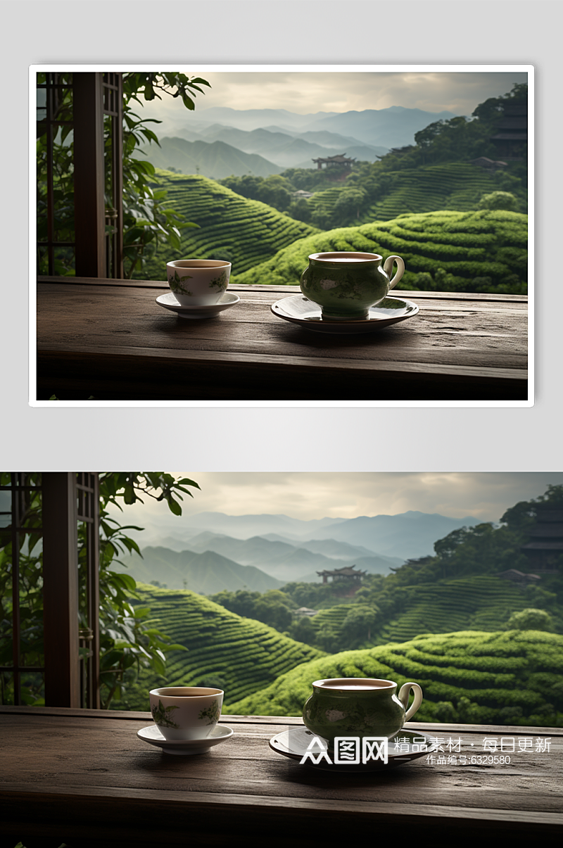 AI数字艺术古风茶具茶园高清摄影图素材