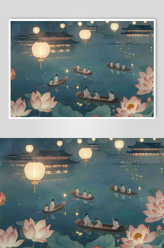 AI数字艺术古风下元节祭祖中元节七月半祭祀插画