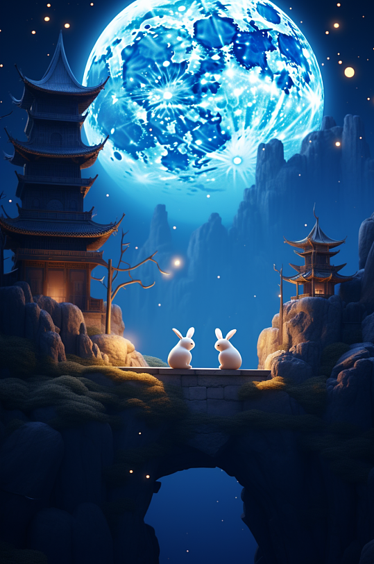 AI數(shù)字3D立體國風(fēng)中秋賞月古建筑背景圖