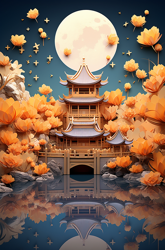 AI數(shù)字3D立體國(guó)風(fēng)中秋賞月古建筑背景圖