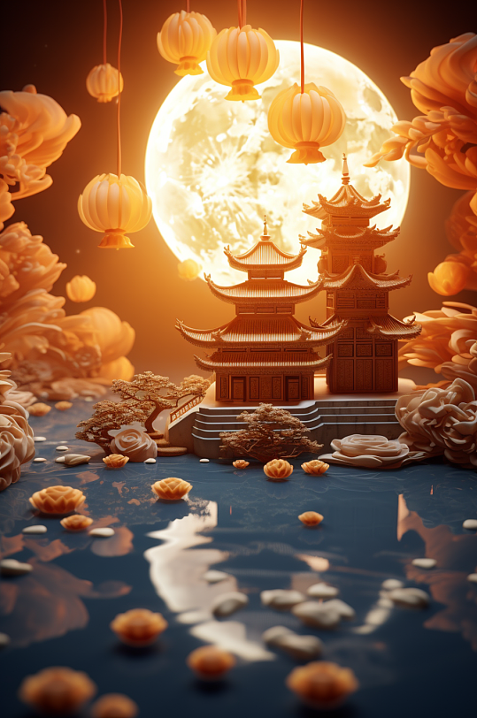AI數(shù)字3D立體國風(fēng)中秋賞月古建筑背景圖