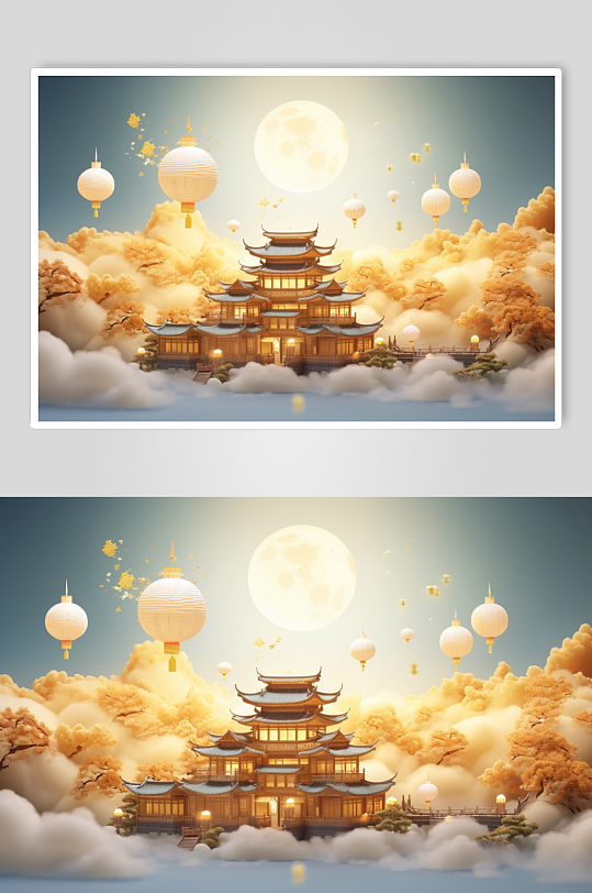 AI數(shù)字3D立體國風(fēng)中秋賞月古建筑背景圖
