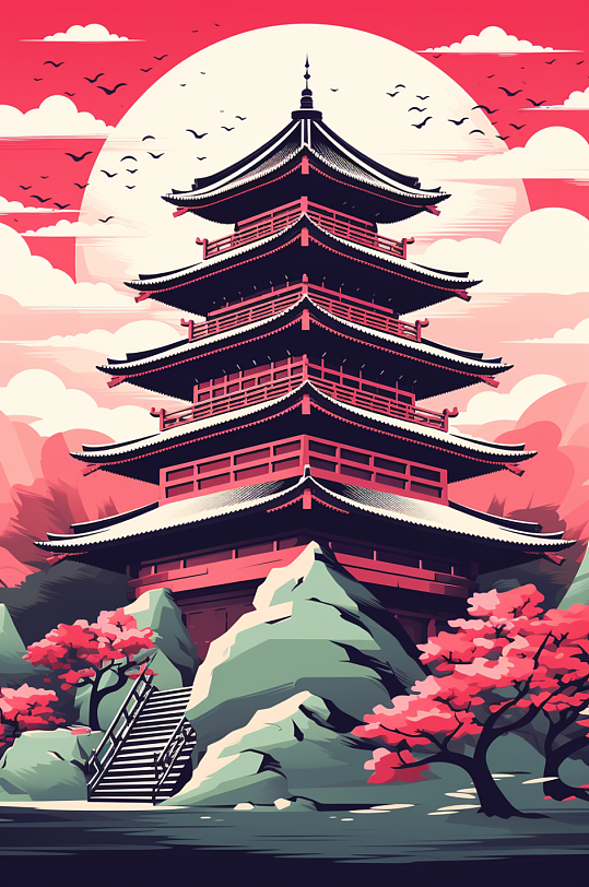 AI數(shù)字藝術(shù)描邊國潮風(fēng)建筑插畫
