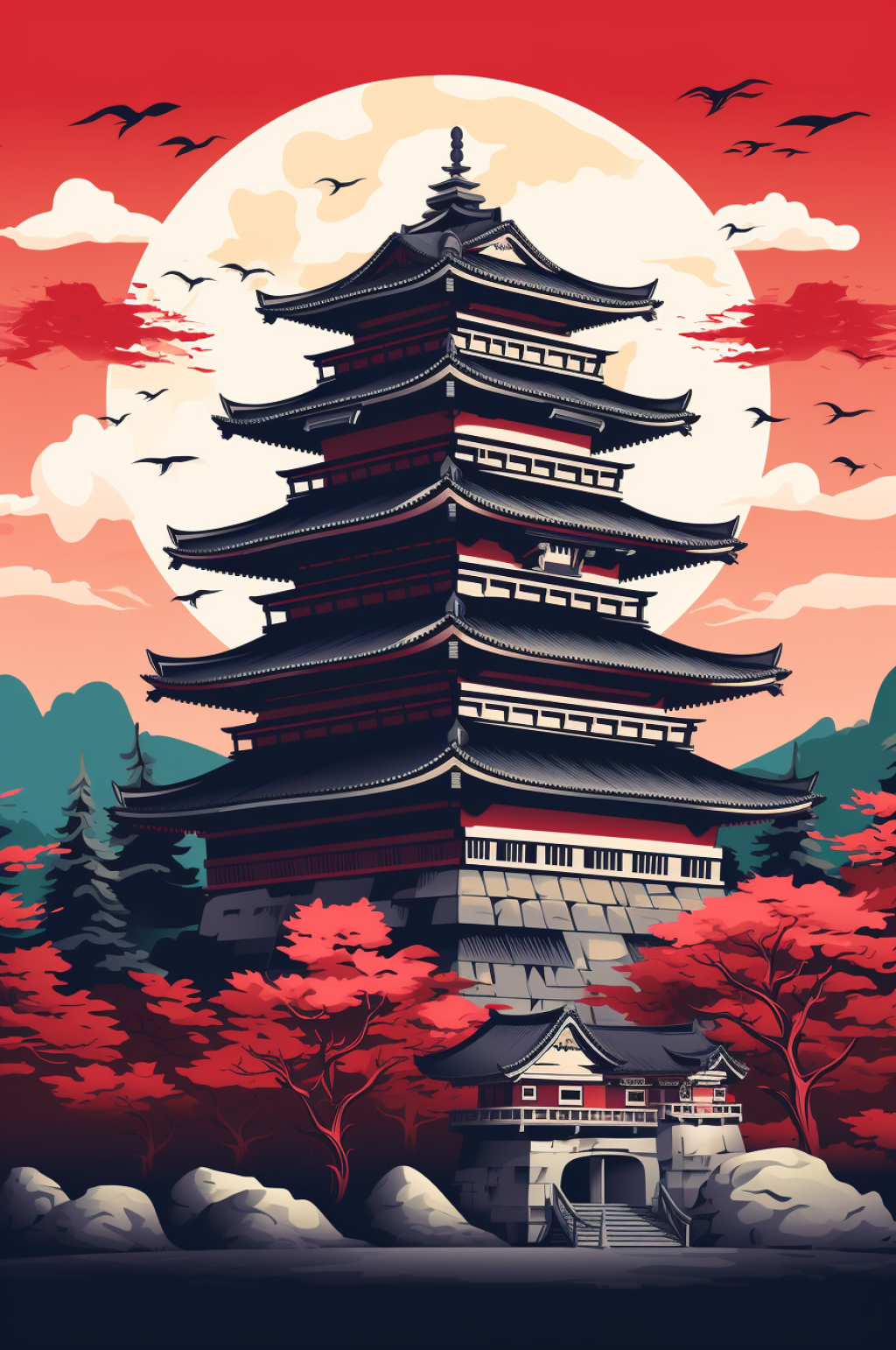 AI數(shù)字藝術(shù)描邊國(guó)潮風(fēng)建筑插畫素材