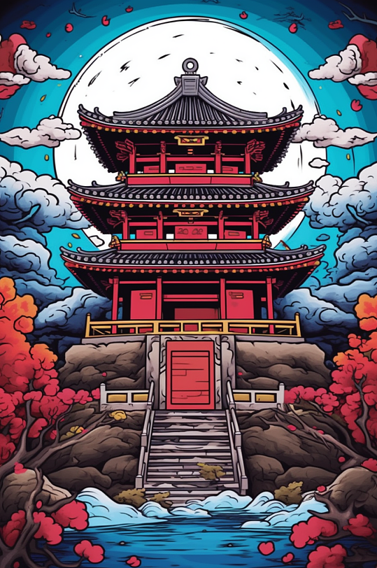 AI數(shù)字藝術(shù)描邊國潮風(fēng)建筑插畫