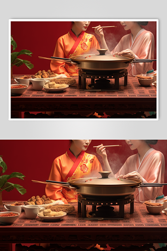AI数字艺术国潮人物吃火锅摄影图