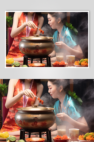 AI数字艺术国潮人物吃火锅摄影图