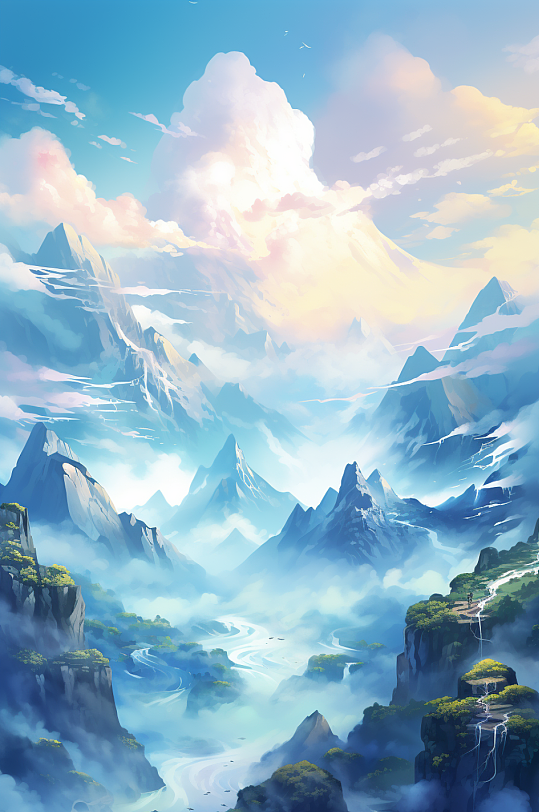 AI数字艺术国潮山水插画背景图-众图网