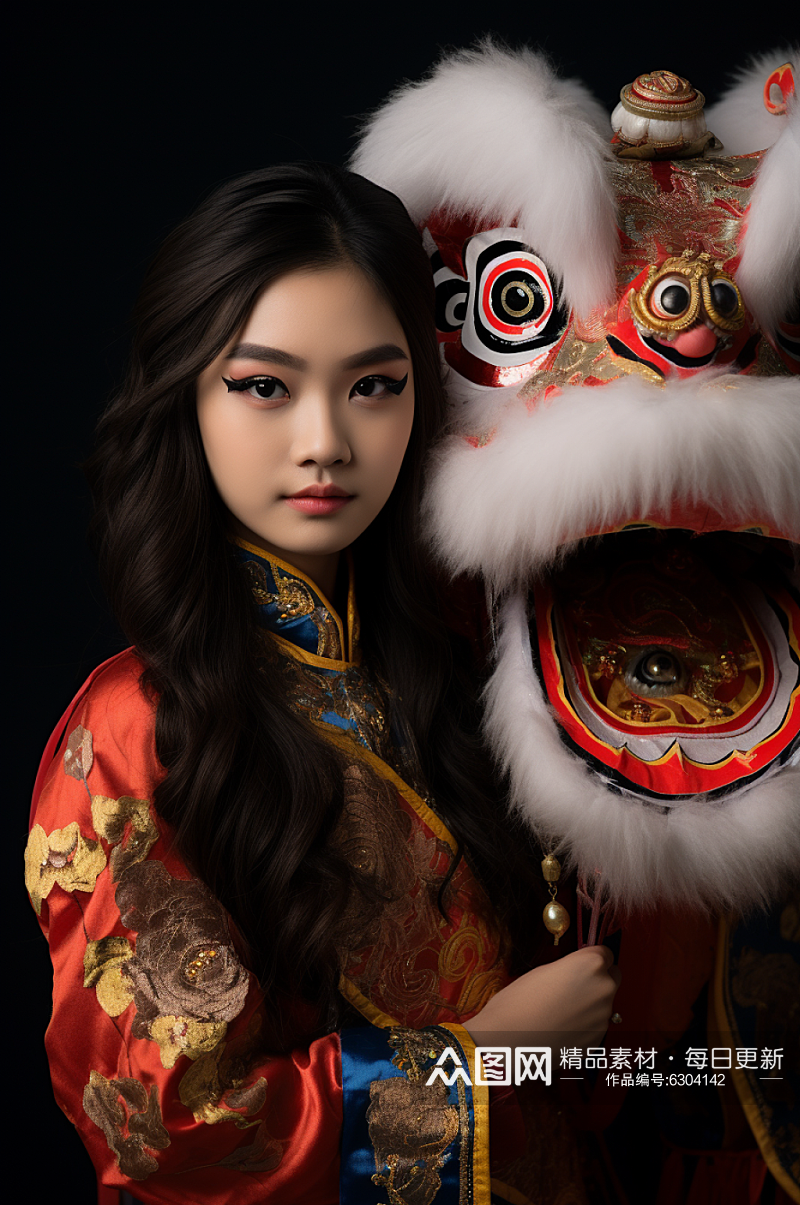 AI数字艺术国潮醒狮汉服人物摄影图素材