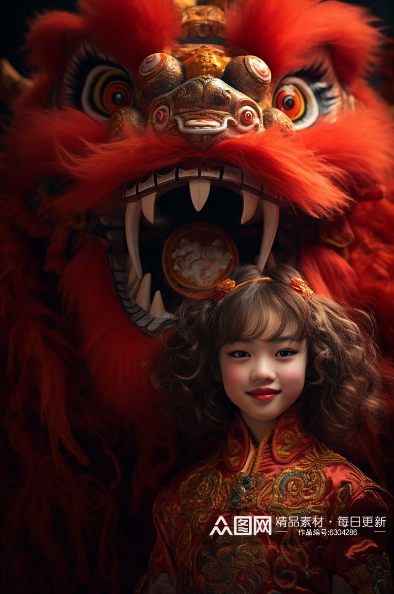 AI数字艺术国潮醒狮汉服人物摄影图素材