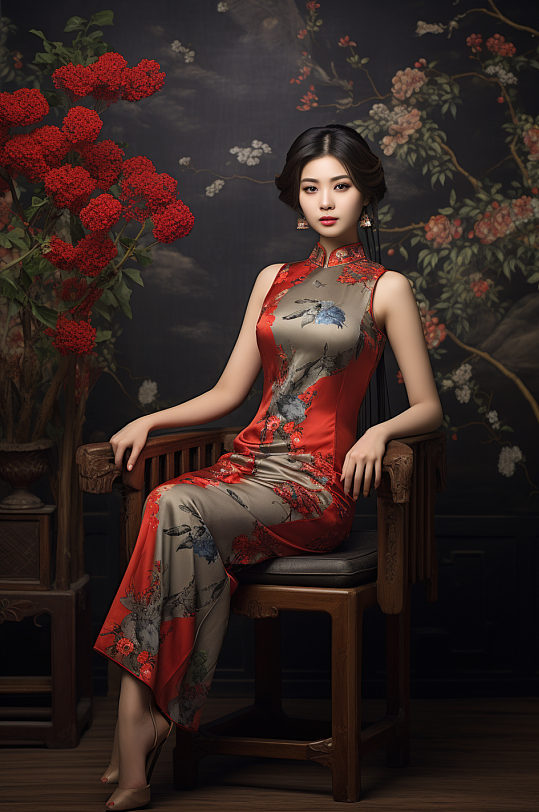 AI数字艺术国风旗袍肖像人物摄影图-众图网