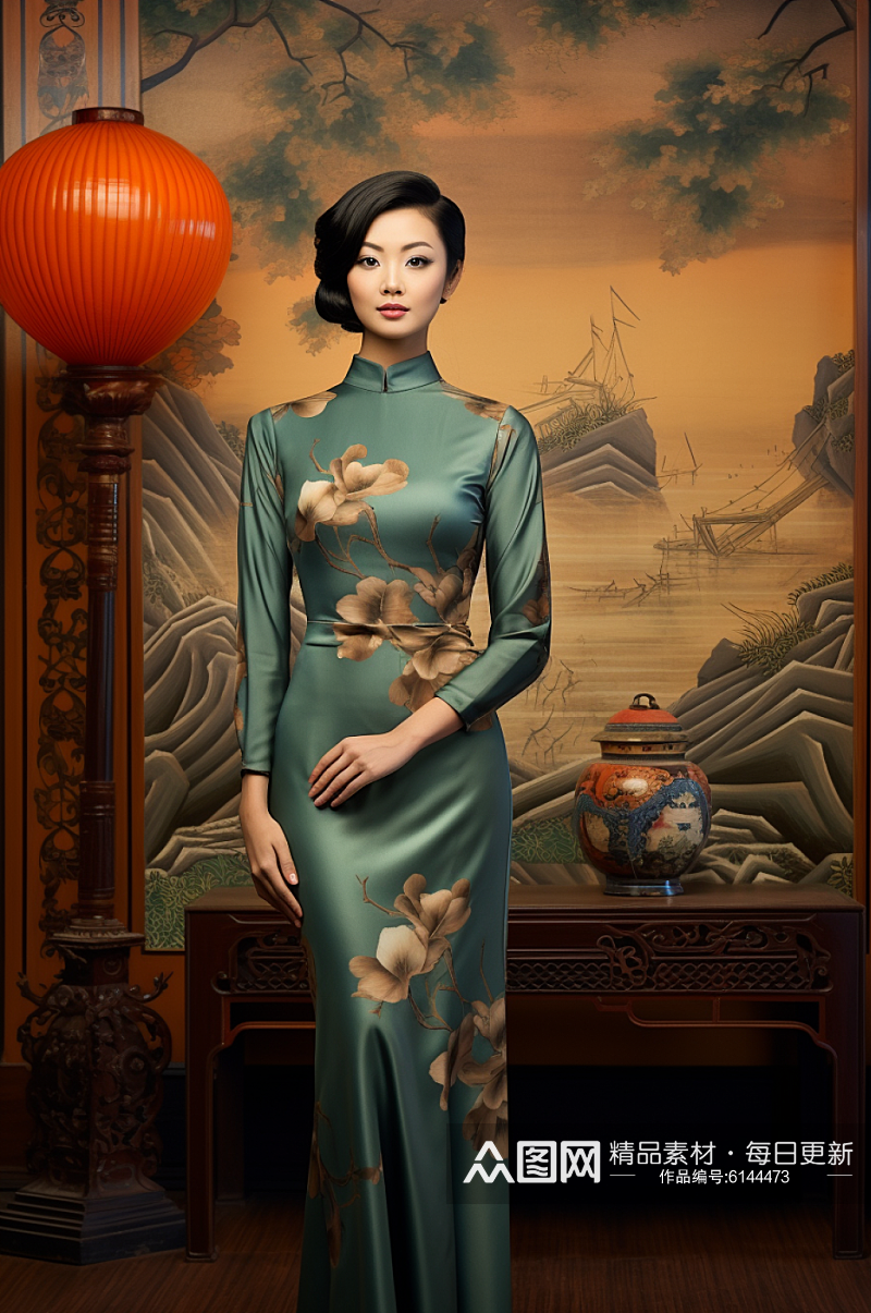 AI数字艺术国风旗袍肖像人物摄影图素材