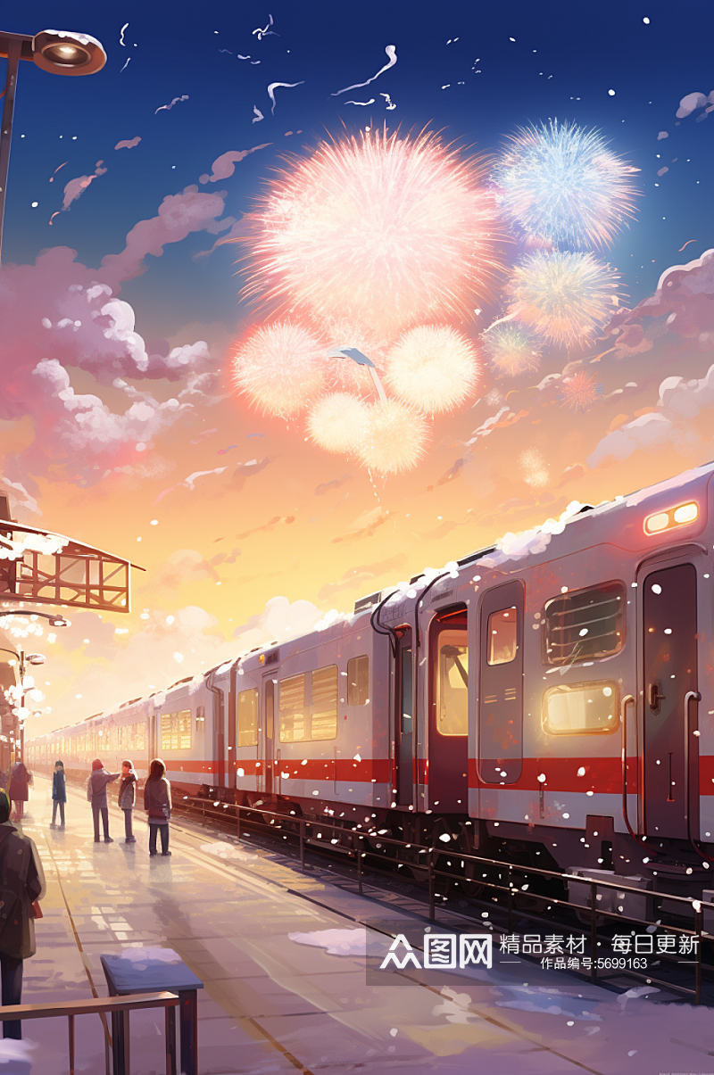 AI数字艺术过年回家春运火车背景插画素材