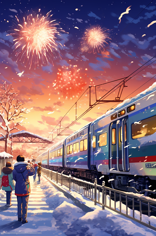 AI数字艺术过年回家春运火车背景插画
