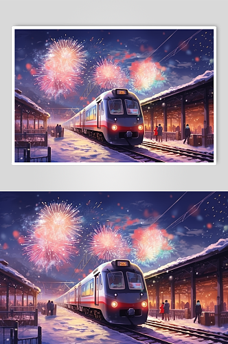 AI数字艺术过年回家春运火车背景插画