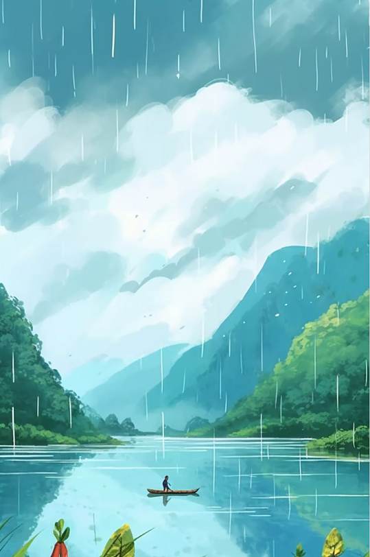 AI数字艺术手绘河流谷雨插画