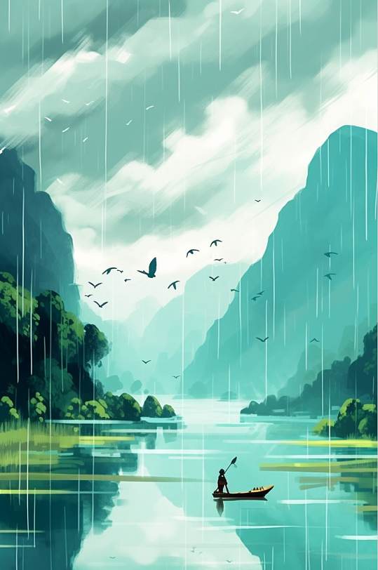 AI数字艺术手绘河流谷雨插画