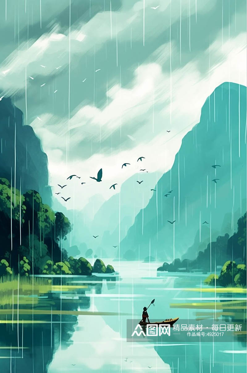 AI数字艺术手绘河流谷雨插画素材