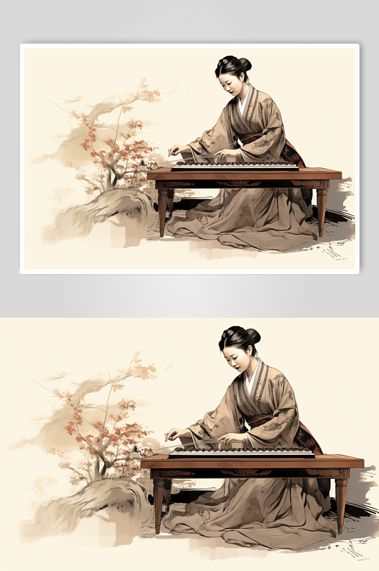 AI数字艺术中国风古风音乐器材古筝插画