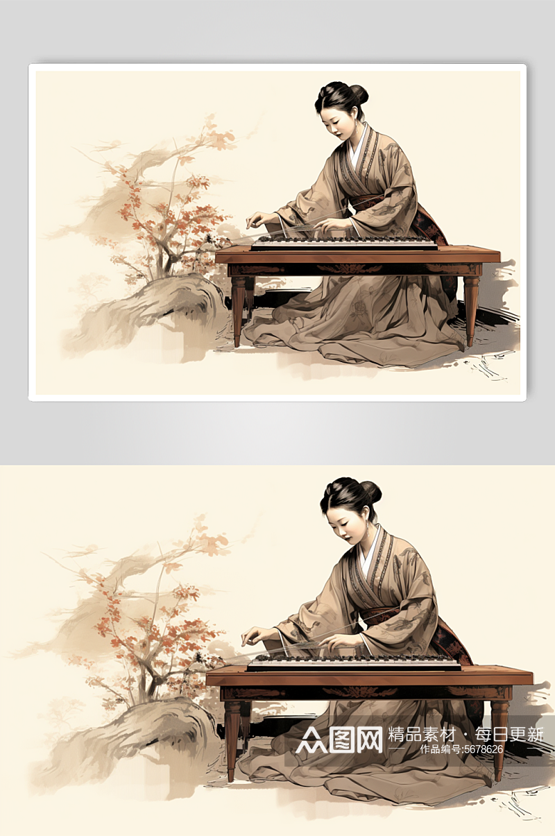 AI数字艺术中国风古风音乐器材古筝插画素材