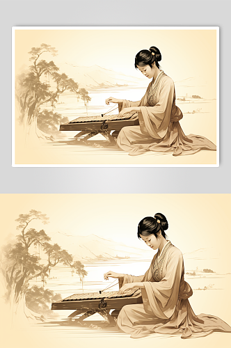 AI数字艺术中国风古风音乐器材古筝插画