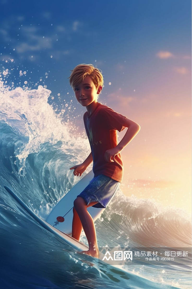 AI数字艺术原创夏季海边度假冲浪人物场景插画素材