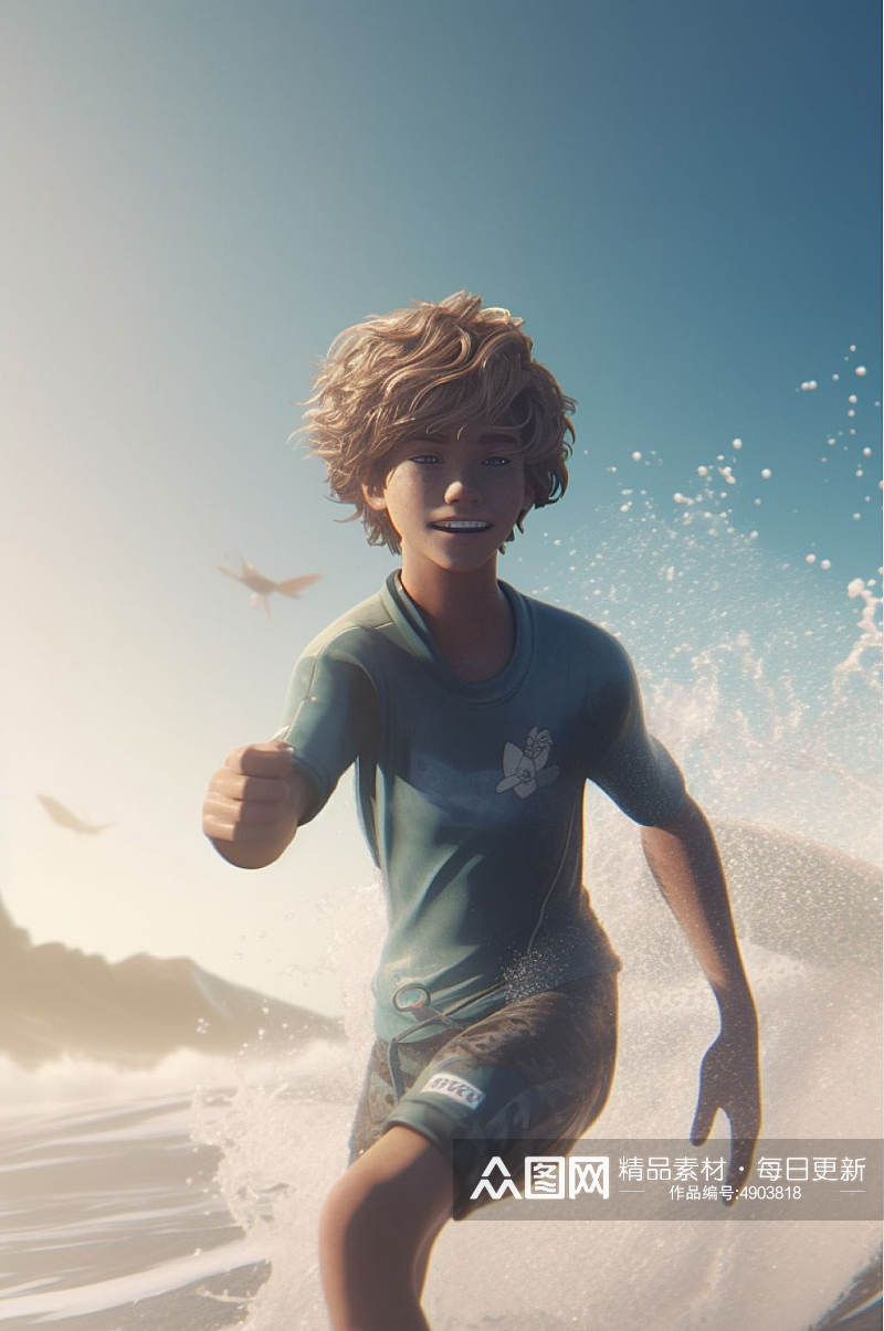 AI数字艺术原创夏季海边度假冲浪人物场景插画素材