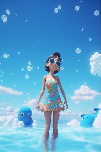 AI数字艺术创意夏季海边度假冲浪人物场景插画