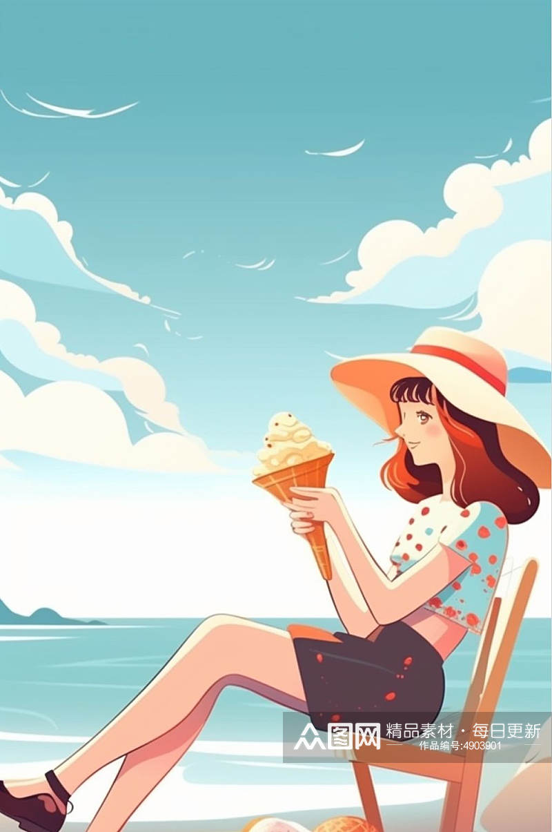 AI数字艺术原创夏季海边度假人物场景插画素材