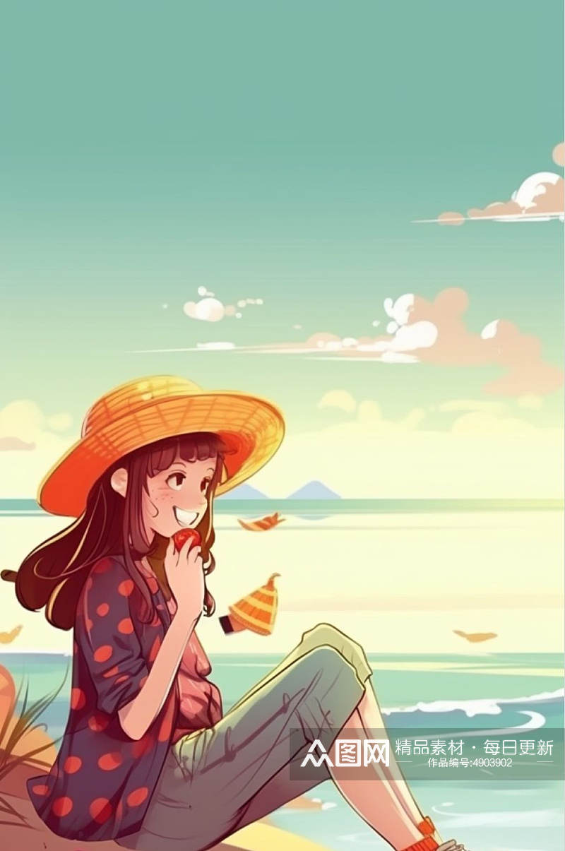 AI数字艺术原创夏季海边度假人物场景插画素材