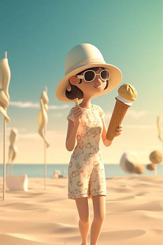 AI数字艺术原创夏季海边度假人物场景插画