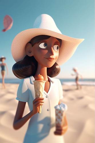 AI数字艺术原创夏季海边度假人物场景插画