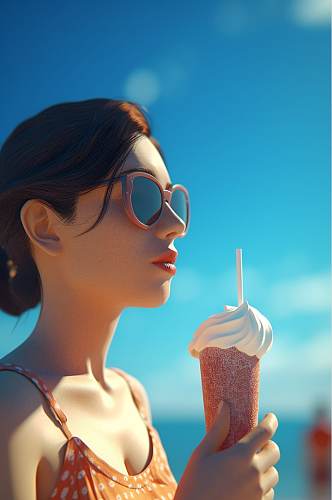 AI数字艺术创意夏季海边度假人物场景插画