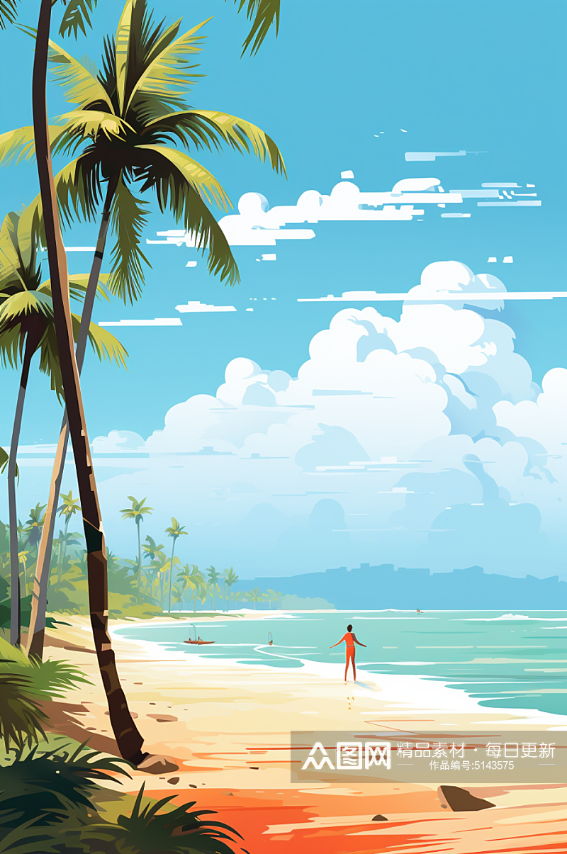 AI数字艺术扁平风夏季海边旅行人物插画素材