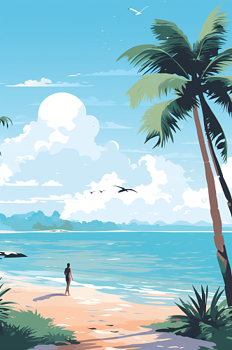 AI数字艺术扁平风夏季海边旅行人物插画