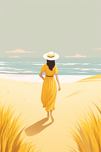 AI数字艺术扁平风夏季海边旅行人物插画