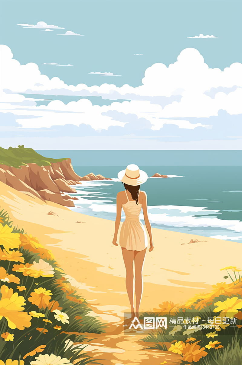 AI数字艺术扁平风夏季海边旅行人物插画素材
