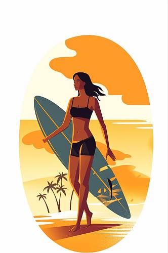 AI数字艺术卡通手绘夏季海滩冲浪运动插画